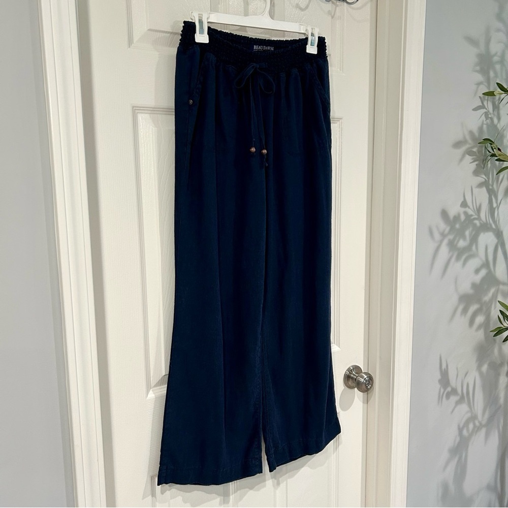 Beau Dawson Wide Leg Navy Blue Linen Blend Pants Women L Pull On Pocket Casual - Picture 4 of 13